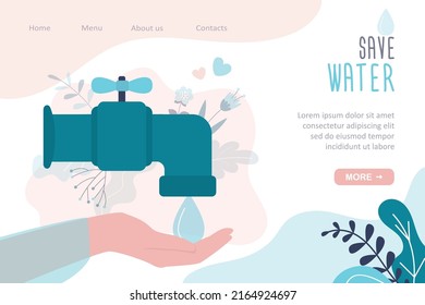 Save water, landing page template. Water tap and large drop. The problem of ecology and irreplaceable natural resources of planet. Hand catches big drop. Flat vector illustration