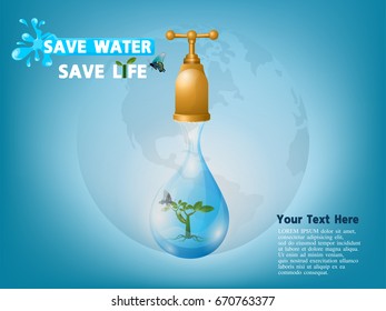 Save water Save life concept. Conserve concept of saving water for life on earth from small to large life, vector illustration.
