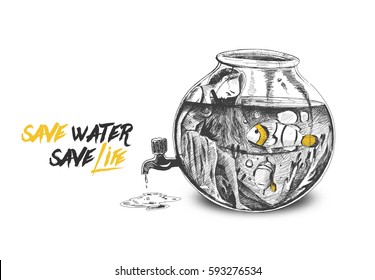  save water save life, Hand Drawn Sketch Vector illustration. 