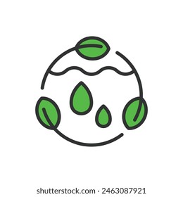 Save water, in line design, green. Water, save, conservation, droplet, eco, environment, resource on white background vector. Save water editable stroke icon.