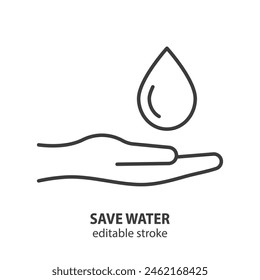 Save water line icon. Hands holding drop of water vector symbol. Hygiene illustration. Editable stroke.