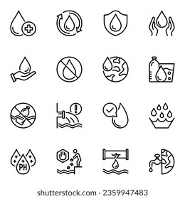 Save water line icons set. treatment, tap, plastic, waste, pure, purity, drip, droplet, recycle, ripple, fluid, research, drinking, wet, trash, disposal, danger