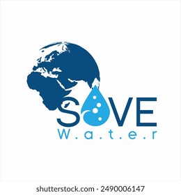 Save water logo design with illustration of world map and water drops.