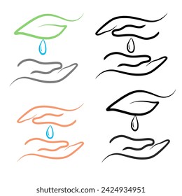 Save Water Logo. Leaf, Hand, And Water Drop Vector Illustration For Ecology