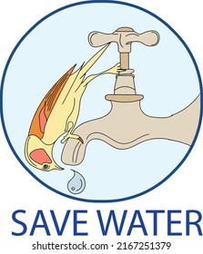 Save water logo, Thirsty bird vector, color sketch drawing of thirsty sparrow trying to drink water through empty water tap