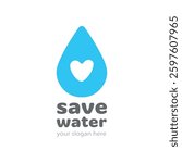 Save Water Logo Vector for Ecology Company. Sign Icon Label Recycling. Simple Flat Symbol Hand Drawing Drop Water, Heart. Doodle Cartoon Style. Logotype Spa Concept. Illustration Isolated Background.