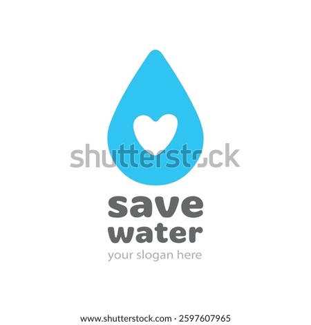 Save Water Logo Vector for Ecology Company. Sign Icon Label Recycling. Simple Flat Symbol Hand Drawing Drop Water, Heart. Doodle Cartoon Style. Logotype Spa Concept. Illustration Isolated Background.
