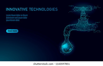 Save water low poly concept. Polygonal triangle ecology planet ocean sea safety banner. Water tap drop leak fix nature global environment care world day vector illustration