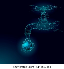 Save water low poly concept. Polygonal triangle ecology planet ocean sea safety banner. Water tap drop leak fix nature global environment care world day vector illustration