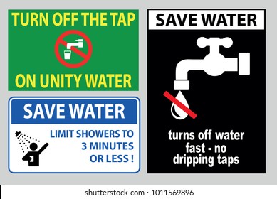 save water off sign (report all leaks immediately,conserve water, turn off the water,turn off the tap, stop water waste)
