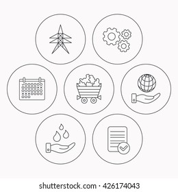 Save water, planet and electricity station icons. Minerals linear sign. Check file, calendar and cogwheel icons. Vector