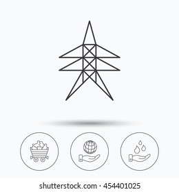 Save water, planet and electricity station icons. Minerals linear sign. Linear icons in circle buttons. Flat web symbols. Vector