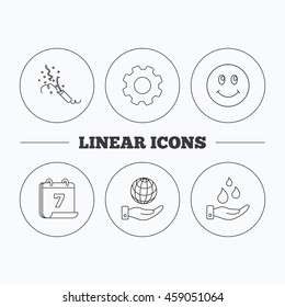 Save water, save planet and slapstick icons. Smiling face linear sign. Flat cogwheel and calendar symbols. Linear icons in circle buttons. Vector