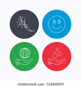 Save water, save planet and slapstick icons. Smiling face linear sign. Linear icons on colored buttons. Flat web symbols. Vector