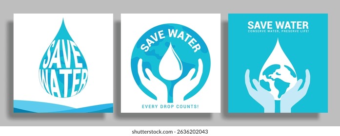Save water poster clipart set. World water day campaign clip art with waterdrop and hand drawing symbol for awareness and campaign flyers collection vector illustration. 
