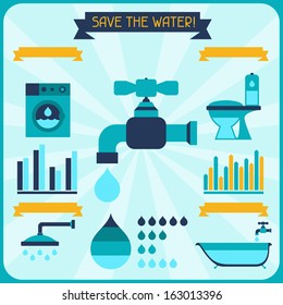 Save the water. Poster with infographics in flat style.