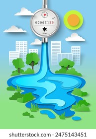 Save water poster with papercut cityscape and gauge meter