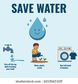Save water to protect our future Every drop counts Turn off taps fix leaks use wisely Conserve for all life Be mindful save water
