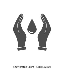 Save water sign. Hand holds water drop icon. Vector illustration, flat design.