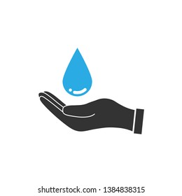 Save Water Sign. Hand Holds Water Drop Icon. Vector Illustration, Flat Design. 