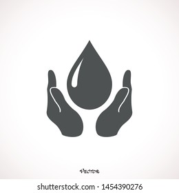 Save water sign. Hands holds water drop icon. Vector illustration, flat design.