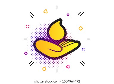 Save water sign icon. Halftone dots pattern. Hand holds water drop symbol. Environmental protection symbol. Classic flat ecology icon. Vector