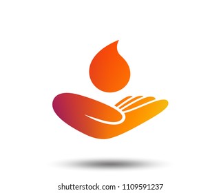 Save water sign icon. Hand holds water drop symbol. Environmental protection symbol. Blurred gradient design element. Vivid graphic flat icon. Vector