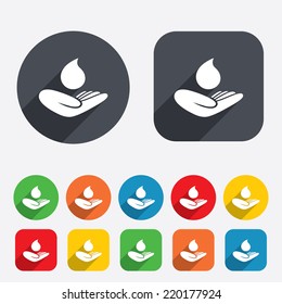 Save water sign icon. Hand holds water drop symbol. Environmental protection symbol. Circles and rounded squares 12 buttons. Vector