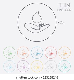 Save water sign icon. Hand holds water drop symbol. Environmental protection symbol. Thin line circle web icons with outline. Vector