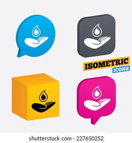 Save water sign icon. Hand holds water drop symbol. Environmental protection symbol. Isometric speech bubbles and cube. Rotated icons with edges. Vector