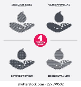 Save water sign icon. Hand holds water drop symbol. Environmental protection symbol. Diagonal and horizontal lines, classic outline, dotted texture. Pattern design icons.  Vector