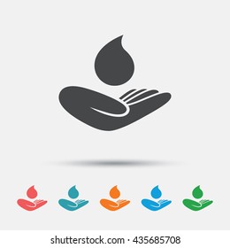 Save water sign icon. Hand holds water drop symbol. Environmental protection symbol. Graphic element on white background. Colour clean flat save water icons. Vector