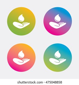 Save water sign icon. Hand holds water drop symbol. Environmental protection symbol. Gradient flat buttons with icon. Modern design. Vector