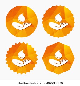 Save water sign icon. Hand holds water drop symbol. Environmental protection symbol. Triangular low poly buttons with flat icon. Vector