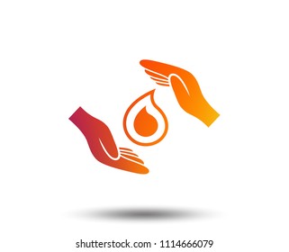 Save water sign icon. Hands protect cover water drop symbol. Environmental protection. Blurred gradient design element. Vivid graphic flat icon. Vector
