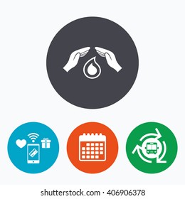 Save water sign icon. Hands protect cover water drop symbol. Environmental protection. Mobile payments, calendar and wifi icons. Bus shuttle.