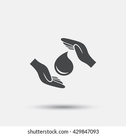Save water sign icon. Hands protect cover water drop symbol. Environmental protection. Flat save water web icon on white background. Vector