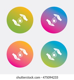 Save water sign icon. Hands protect cover water drop symbol. Environmental protection. Gradient flat buttons with icon. Modern design. Vector