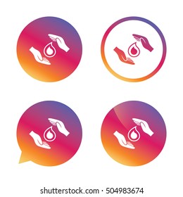 Save water sign icon. Hands protect water drop.