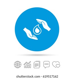 Save water sign icon. Hands protect cover water drop symbol. Environmental protection. Copy files, chat speech bubble and chart web icons. Vector