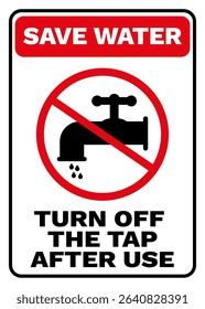 Save Water Sign – Turn Off the Tap After Use Warning Vector