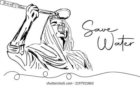 Save Water sketch drawing poster, Man drinking water with pot in heat wave condition line art vector silhouette, Thirsty man cartoon doodle drawing