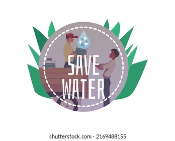 Save water sticker, man getting bottled water as humanitarian aid, flat vector illustration on white background. Water scarcity and drought concepts. Thirsty and dehydrated people.