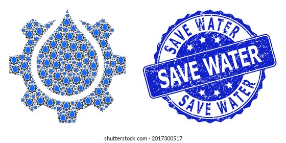 Sparen Sie Wasser-Unschlanke Rundstempel und Vektorrekursiv Abwasserausrüstung. Die blaue Stempeldichtung enthält den Text Save Water in runder Form.