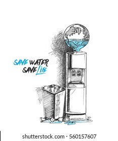 Save The Water Vector Ecology Concept, Hand Drawn Sketch Vector illustration. 