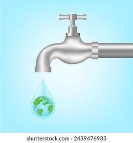 Save Water or Save the World Concept.  World Water Day and Environment day. Vector Illustration.