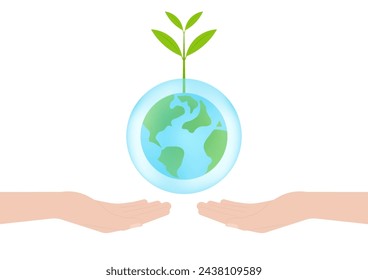 Save Water or Save the World Concept. Hand Holding Drop of Water and World. World Water Day and Environment day. Vector Illustration.