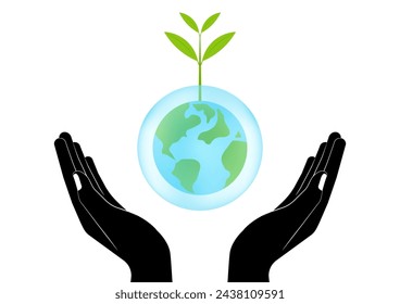 Save Water or Save the World Concept. Hand Holding Drop of Water and World. World Water Day and Environment day. Vector Illustration.