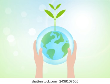 Save Water or Save the World Concept. Hand Holding Drop of Water and World. World Water Day and Environment day. Vector Illustration.