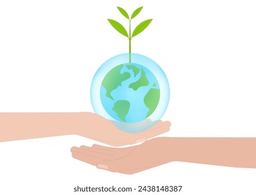 Save Water or Save the World Concept. Hand Holding Drop of Water and World. World Water Day and Environment day. Vector Illustration.